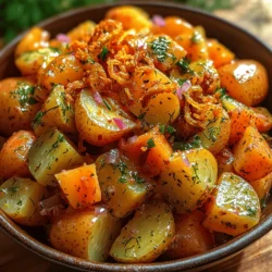 A standout feature of this Crunchy Dill Pickle Potato Salad is its topping of crispy fried onions. These little golden morsels add an irresistible crunch and a burst of flavor that elevates the entire dish. Their savory, slightly sweet notes contrast beautifully with the tangy, creamy dressing and the fresh vegetables. You can find crispy fried onions in most grocery stores, or you can make them at home for an extra touch of flavor. Simply slice onions thinly, coat them in a light batter, and fry until golden brown. This topping not only enhances the taste but also brings an appealing texture that will leave your guests wanting more.