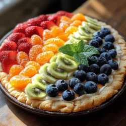 Rainbow Delight Fruit Pizza is a visually stunning and delicious dessert that combines the best of both worlds: the sweetness of cookie dough and the freshness of seasonal fruits. This vibrant dish is not only a feast for the eyes but also a delight for the palate, making it a perfect choice for gatherings, birthday parties, or a family meal. With its bright colors and refreshing flavors, Rainbow Delight Fruit Pizza is sure to be a hit with both kids and adults alike.