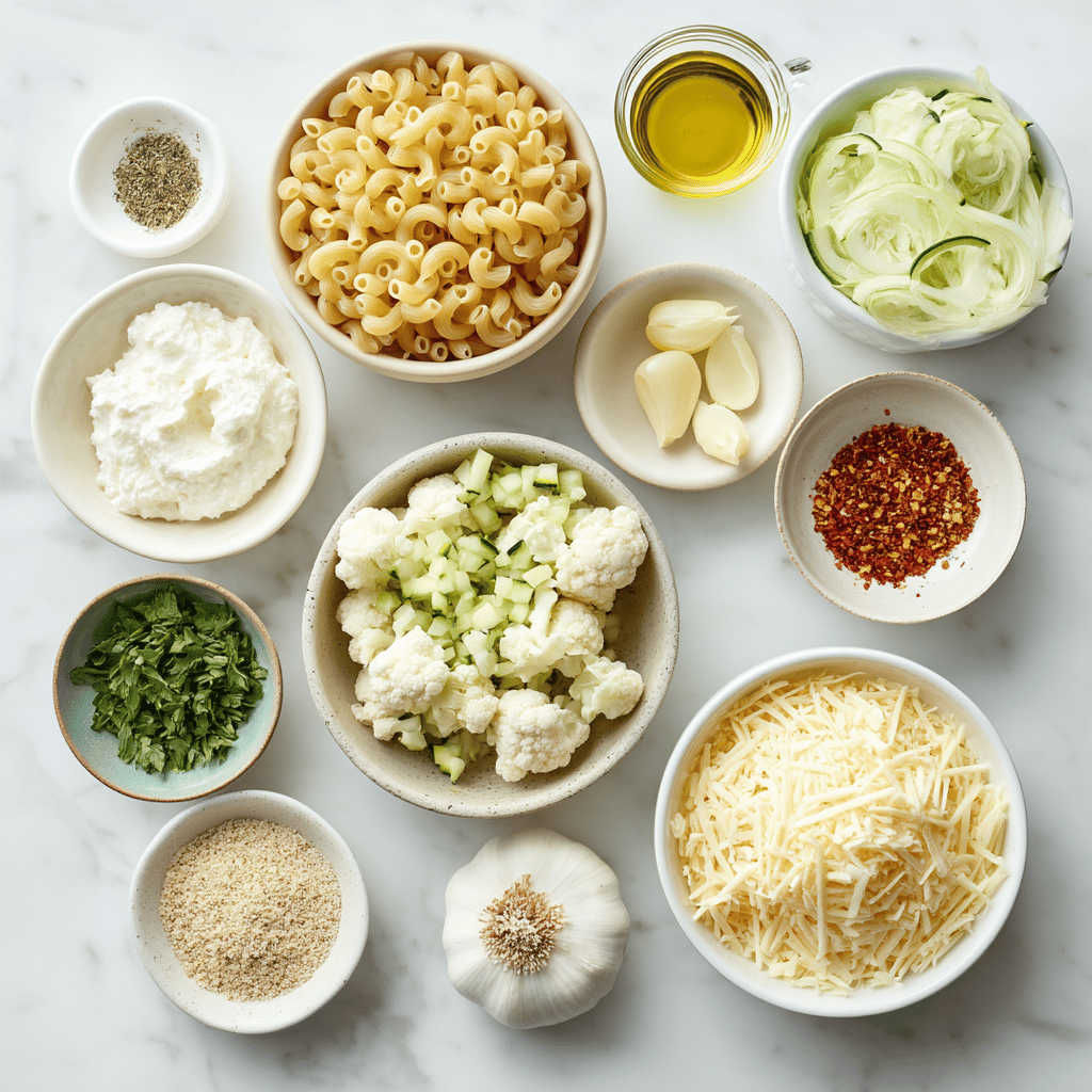 Ingredients for Cheesy Comfort Mac & Cheese Casserole with a Healthy Twist