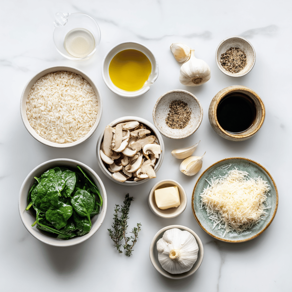 Ingredients for Cozy Autumn One-Pan Mushroom & Spinach Risotto