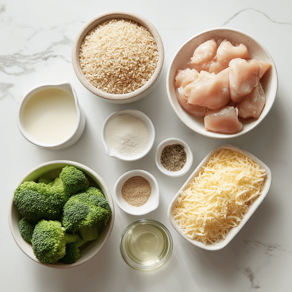 Ingredients for Crockpot Cheesy Chicken and Broccoli Casserole