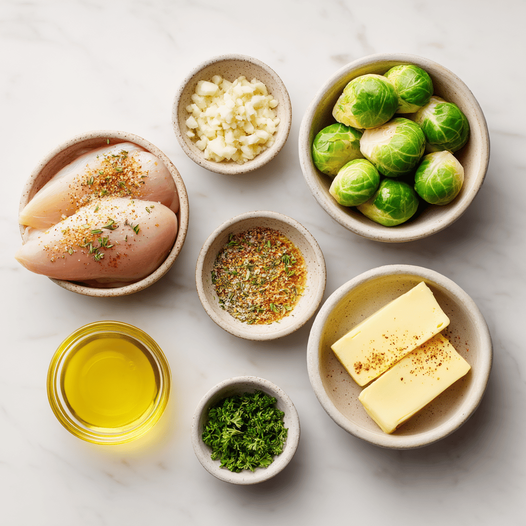 Ingredients for Garlic Butter Chicken Skillet with Crispy Brussels