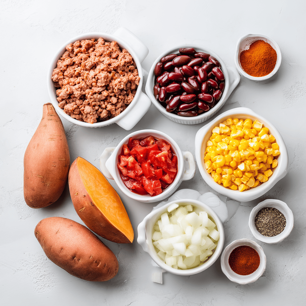 Ingredients for Minute Slow Cooker Chili Stuffed Sweet Potatoes