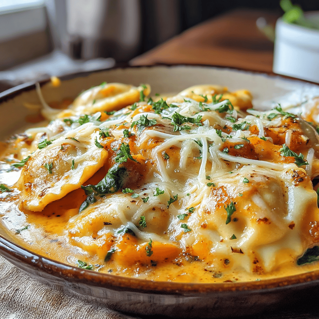 Fall is a season that tantalizes our taste buds with its warm, cozy flavors, and what better way to celebrate this vibrant time of year than with a comforting dish that embodies everything we love about autumn? Enter the <strong>One-Pan Cheesy Pumpkin Spice Ravioli</strong>. This delightful recipe combines the rich, nutty flavors of pumpkin with a hint of classic spice, all wrapped up in tender ravioli and enveloped in a creamy, cheesy sauce.” /></p>
<h2>Key Ingredients</h2>
<ul>
<li><strong>Ravioli</strong>: 1 package (fresh or frozen) – choose pumpkin or cheese-filled for added flavor.</li>
<li><strong>Olive Oil</strong>: 2 tablespoons – for sautéing.</li>
<li><strong>Garlic</strong>: 2 cloves, minced – to enhance the savory flavor.</li>
<li><strong>Vegetable Broth</strong>: 2 cups – to cook the ravioli and add depth to the dish.</li>
<li><strong>Heavy Cream</strong>: 1/2 cup – for a rich and creamy sauce.</li>
<li><strong>Pumpkin Purée</strong>: 1/2 cup – adds sweetness and enhances the pumpkin flavor.</li>
<li><strong>Pumpkin Spice</strong>: 1 teaspoon – for that quintessential autumn aroma.</li>
<li><strong>Parmesan Cheese</strong>: 1/2 cup, grated – for a cheesy and nutty finish.</li>
<li><strong>Fresh Sage</strong>: A handful of leaves, chopped – to add a fragrant herbaceous note.</li>
<li><strong>Salt and Pepper</strong>: To taste – for seasoning.</li>
</ul>
<p>Feel free to adjust the spices and cheese to suit your personal preference!</p>
<h2>Baking Process</h2>
<ol>
<li>
<p><strong>Preheat the Oven</strong>: Begin by preheating your oven to 375°F (190°C). This ensures that the ravioli bake evenly and develop a beautiful golden top.</p>
</li>
<li>
<p><strong>Prepare the Baking Dish</strong>: Lightly grease a 9×13 inch baking dish with olive oil or non-stick spray to prevent sticking. This will also help achieve a nice, crispy bottom for the ravioli.</p>
</li>
<li>
<p><strong>Layer the Ingredients</strong>: Pour a thin layer of marinara sauce on the bottom of the baking dish, just enough to cover the surface. This will act as the base for your ravioli and keep them moist while baking.</p>
</li>
<li>
<p><strong>Arrange the Ravioli</strong>: Place the frozen cheese-filled pumpkin spice ravioli in a single layer on top of the sauce. Feel free to slightly overlap them if necessary, but try to keep as much surface area exposed as possible for even cooking.</p>
</li>
<li>
<p><strong>Add More Sauce</strong>: Drizzle more marinara sauce over the ravioli, ensuring they are well coated but not drowning. The sauce will provide moisture and flavor during baking.</p>
</li>
<li>
<p><strong>Sprinkle with Cheese</strong>: Generously sprinkle shredded mozzarella cheese on top of the ravioli. For added flavor, mix in some grated Parmesan cheese as well. This melty cheese layer will create a delightful, gooey topping.</p>
</li>
<li>
<p><strong>Season & Spice</strong>: Sprinkle a pinch of pumpkin spice over the cheese layer. This will enhance the overall flavor profile and complement the ravioli filling. You can also add a dash of salt and pepper for seasoning.</p>
</li>
<li>
<p><strong>Cover the Dish</strong>: Tent the baking dish with aluminum foil to prevent the cheese from burning too quickly and to keep the moisture in. This step is crucial to ensure the ravioli cook thoroughly and remain tender.</p>
</li>
<li>
<p><strong>Bake</strong>: Place the covered baking dish in the preheated oven and bake for 20 minutes. After that, carefully remove the foil to expose the cheese.</p>
</li>
<li>
<p><strong>Continue Baking</strong>: Bake uncovered for an additional 10-15 minutes, or until the cheese is bubbly and golden brown, and the ravioli are heated through. Keep an eye on it to prevent over-browning.</p>
</li>
<li>
<p><strong>Rest Before Serving</strong>: Once removed from the oven, allow the dish to sit for about 5 minutes before serving. This resting time helps the flavors meld together and makes slicing easier.</p>
</li>
<li>
<p><strong>Garnish and Enjoy</strong>: Serve the One-Pan Cheesy Pumpkin Spice Ravioli with fresh basil or parsley on top for a touch of color, and enjoy this comforting and delectable meal!</p>
</li>
</ol>
<h2>Serving Suggestions</h2>
<ol>
<li>
<p><strong>Fresh Herbs</strong>: Garnish your ravioli with a sprinkle of freshly chopped sage or parsley. The vibrant green will add a pop of color and a burst of flavor that complements the cheesy pumpkin filling.</p>
</li>
<li>
<p><strong>Creamy Sauce</strong>: Drizzle a light cream sauce or a simple Alfredo over the ravioli before serving. This will enhance the richness of the dish and give it a luxurious feel.</p>
</li>
<li>
<p><strong>Toasted Nuts</strong>: For an added crunch, consider topping your dish with toasted pine nuts or walnuts. The nuttiness pairs well with the sweetness of the pumpkin.</p>
</li>
<li>
<p><strong>Side Salads</strong>: Serve the ravioli with a side salad. A simple arugula salad dressed with lemon vinaigrette will provide a refreshing contrast to the creamy pasta dish.</p>
</li>
<li>
<p><strong>Bread</strong>: Accompany your meal with warm, crusty bread or garlic bread. This will help soak up any remaining sauce and make for a hearty meal.</p>
</li>
<li>
<p><strong>Wine Pairing</strong>: Pair your One-Pan Cheesy Pumpkin Spice Ravioli with a glass of white wine, like a Chardonnay or a light Pinot Grigio. The crispness of the wine will balance the richness of the dish.</p>
</li>
<li>
<p><strong>Roasted Vegetables</strong>: Serve it alongside a medley of roasted seasonal vegetables (like Brussels sprouts, carrots, or butternut squash) for a wholesome, colorful plate.</p>
</li>
<li>
<p><strong>Extra Cheese</strong>: If you’re a cheese lover, feel free to sprinkle some grated Parmesan or Pecorino Romano on top just before serving for an extra cheesy kick.</p>
</li>
<li>
<p><strong>Spicy Kick</strong>: Add a sprinkle of red pepper flakes or a drizzle of hot sauce to the dish for those who enjoy a bit of heat with their savory dishes.</p>
</li>
<li>
<p><strong>Pumpkin Seeds</strong>: For an extra touch and a nod to the pumpkin theme, consider sprinkling some toasted pumpkin seeds on top before serving for both crunch and flavor. </p>
</li>
</ol>
<p>Feel free to mix and match these suggestions to create your perfect plate! Enjoy!</p>
<h2>Conclusion</h2>
<p>In just a matter of minutes, you can elevate your weeknight dinner game with this One-Pan Cheesy Pumpkin Spice Ravioli. The delightful combination of creamy cheese, warm spices, and tender ravioli creates a comforting dish that perfectly embodies the essence of fall. Not only is it a feast for the taste buds, but it also minimizes cleanup, making it ideal for busy schedules or cozy gatherings. </p>
<p>Feel free to customize the recipe with your favorite herbs or additional veggies to make it your own, and don’t forget to top it off with a sprinkle of Parmesan for that extra touch of indulgence. Whether you’re enjoying it as a solo meal or serving it to friends and family, this dish is sure to become a seasonal favorite. So gather your ingredients and savor the flavors of autumn with each delicious bite! Happy cooking!</p>
<div id=