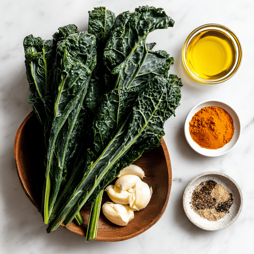 Ingredients for Quick Garlic-Infused Crispy Kale Chips