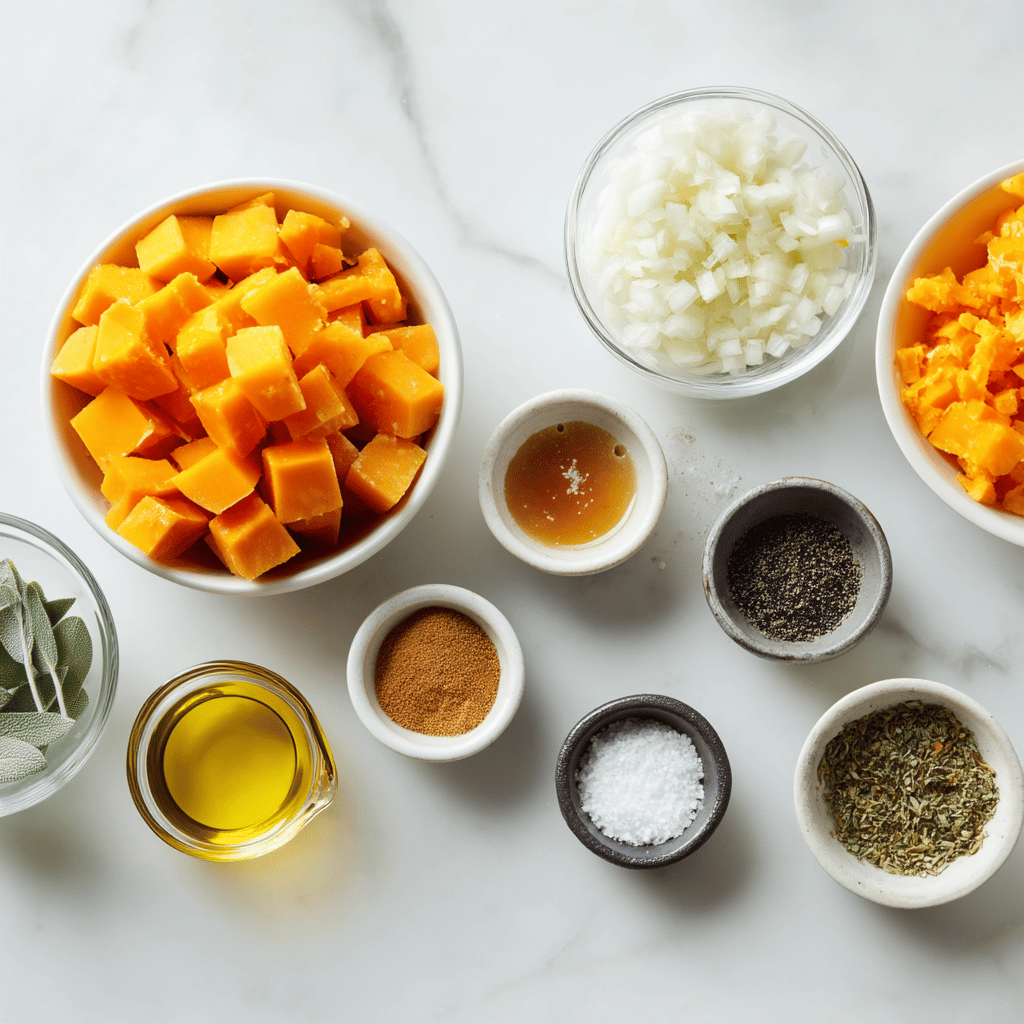Ingredients for Roasted Butternut Squash and Sage Soup Bowls
